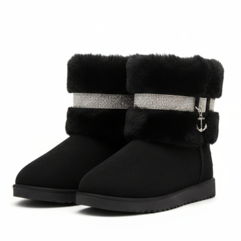 Juicy Couture Black Fur-Trimmed Boots with Silver Accents
